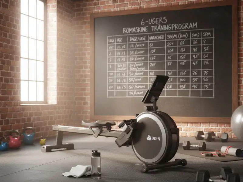 En Odin romaskine placeret i et lyst hjemmetræningslokale med en kridttavle i baggrunden, der viser et struktureret 6-ugers romaskine træningsprogram med kolonner for uger, varighed og SPM.