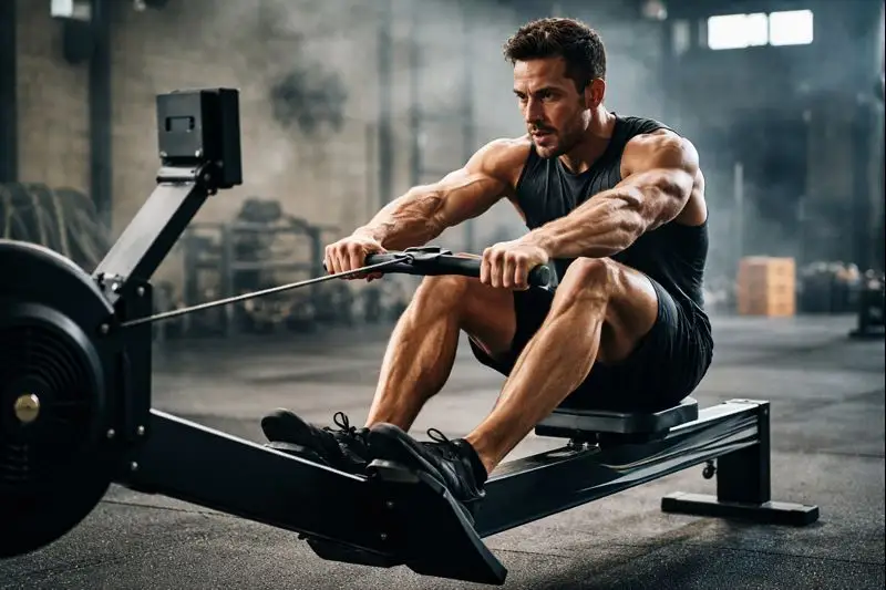 atlet det laver hiit med romaskine i et træningscenter