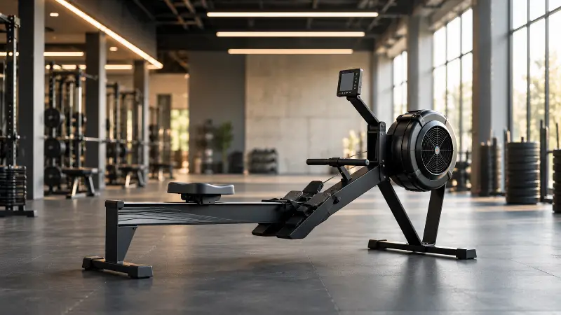 Moderne romaskine i et stort fitness center med andre maskiner i baggrunden